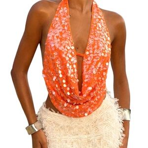 NWT SOLY HUX Orange Sequin Plunging Halter Crop Top